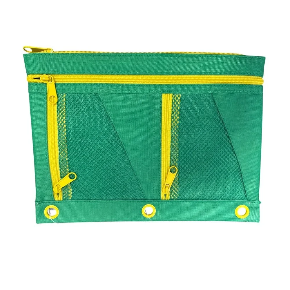 Up & Up Green Binder Pencil Pouch With Yellow Zippers & Mesh Pockets 3-Ring Hole